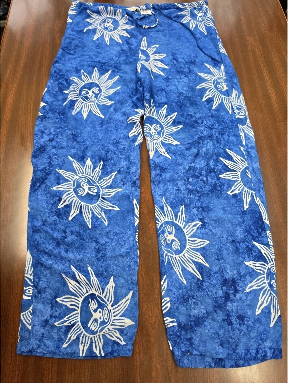 Beach Cabana Blue Celestial Sun Print Wide Leg Lounge Pants Womens M 100% Rayon
